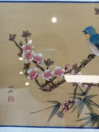 Seven Chinese school paintings: 'Flowers with birds and butterflies', ink and colour on silk, various signatures, 20th C.