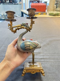 A pair of Chinese cloisonn&eacute; cranes, later mounted as candelabras, 19th C.