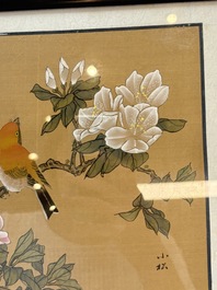 Seven Chinese school paintings: 'Flowers with birds and butterflies', ink and colour on silk, various signatures, 20th C.