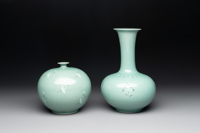 Three Korean celadon-glazed vases and a covered bowl, 20th C.