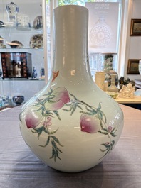 A Chinese famille rose 'nine peaches' 'tianqiuping' vase, Qianlong mark, 19/20th C.