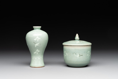 Three Korean celadon-glazed vases and a covered bowl, 20th C.