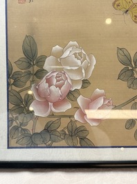 Seven Chinese school paintings: 'Flowers with birds and butterflies', ink and colour on silk, various signatures, 20th C.