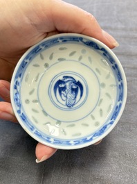 Ten Chinese blue and white cups, seven covers and eight stands, 19/20th C.