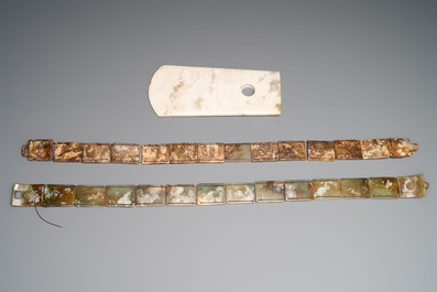 Two Chinese jade belts and a archaistic jade ritual axe, 20th C.