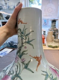 A Chinese famille rose 'nine peaches' 'tianqiuping' vase, Qianlong mark, 19/20th C.