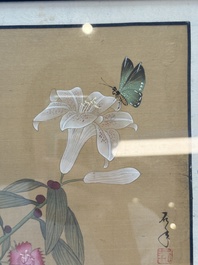 Seven Chinese school paintings: 'Flowers with birds and butterflies', ink and colour on silk, various signatures, 20th C.