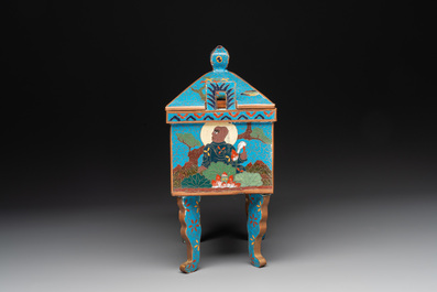 A Chinese archaistic enamelled copper 'elephant' censer with cover and a cloisonn&eacute; 'Luohan' censer with cover, 20th C.