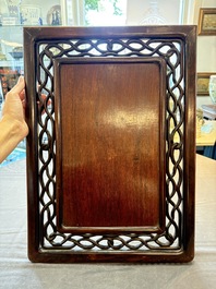 A Chinese blue and white 'mountainous landscape' plaque mounted in a wooden frame, 19/20th C.
