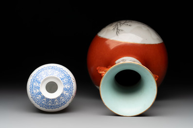 A Chinese grisaille coral red-ground vase, a famille rose eggshell vase and two bowls, Qianlong mark, 20th C.