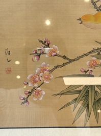Seven Chinese school paintings: 'Flowers with birds and butterflies', ink and colour on silk, various signatures, 20th C.