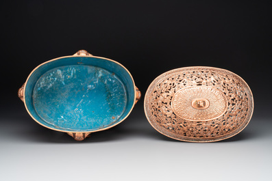 A Chinese archaistic enamelled copper 'elephant' censer with cover and a cloisonn&eacute; 'Luohan' censer with cover, 20th C.