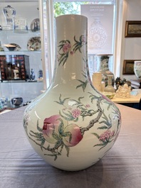 A Chinese famille rose 'nine peaches' 'tianqiuping' vase, Qianlong mark, 19/20th C.