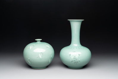 Three Korean celadon-glazed vases and a covered bowl, 20th C.