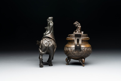 A Chinese 'Laozi riding a buffalo' censer with cover and a ding-form censer with cover, Ming/Qing