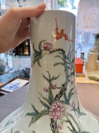 A Chinese famille rose 'nine peaches' 'tianqiuping' vase, Qianlong mark, 19/20th C.