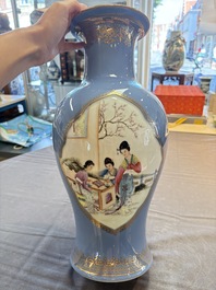 A Chinese famille rose lavender-blue-ground vase, Qianlong mark, Republic