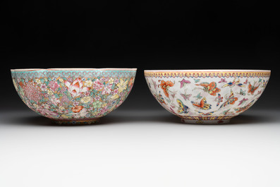 A Chinese grisaille coral red-ground vase, a famille rose eggshell vase and two bowls, Qianlong mark, 20th C.