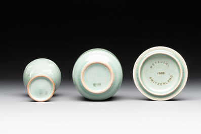 Three Korean celadon-glazed vases and a covered bowl, 20th C.