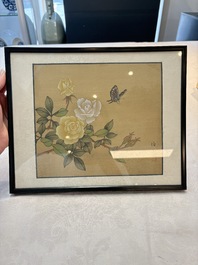 Seven Chinese school paintings: 'Flowers with birds and butterflies', ink and colour on silk, various signatures, 20th C.