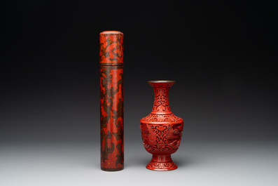 A Chinese cinnabar lacquer vase, a plate and a gilt-lacquered wooden container, 19/20th C.