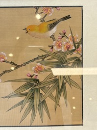 Seven Chinese school paintings: 'Flowers with birds and butterflies', ink and colour on silk, various signatures, 20th C.