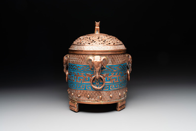 A Chinese archaistic enamelled copper 'elephant' censer with cover and a cloisonn&eacute; 'Luohan' censer with cover, 20th C.