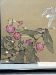 Seven Chinese school paintings: 'Flowers with birds and butterflies', ink and colour on silk, various signatures, 20th C.