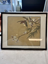 Seven Chinese school paintings: 'Flowers with birds and butterflies', ink and colour on silk, various signatures, 20th C.
