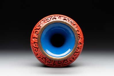 A Chinese cinnabar lacquer vase, a plate and a gilt-lacquered wooden container, 19/20th C.