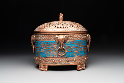 A Chinese archaistic enamelled copper 'elephant' censer with cover and a cloisonn&eacute; 'Luohan' censer with cover, 20th C.