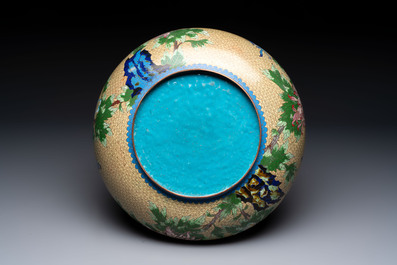 A large Chinese cloisonn&eacute; brush washer and a pair of gilt-lacquered covered boxes with cloisonn&eacute; plaques, 20th C.
