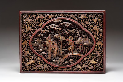 Six Chinese gilt-lacquered carved wooden panels with narrative design, 19th C.