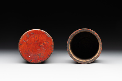 A Chinese cinnabar lacquer vase, a plate and a gilt-lacquered wooden container, 19/20th C.
