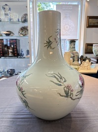 A Chinese famille rose 'nine peaches' 'tianqiuping' vase, Qianlong mark, 19/20th C.