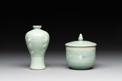 Three Korean celadon-glazed vases and a covered bowl, 20th C.