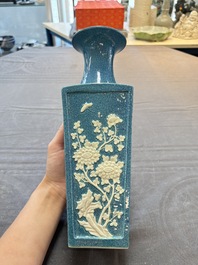 A Chinese robin's egg-glazed vase with relief floral design and a famille noire 'Four Heavenly Kings' vase, 19th C.
