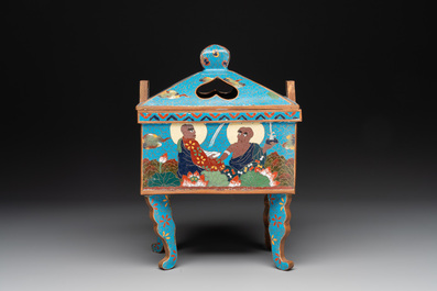 A Chinese archaistic enamelled copper 'elephant' censer with cover and a cloisonn&eacute; 'Luohan' censer with cover, 20th C.