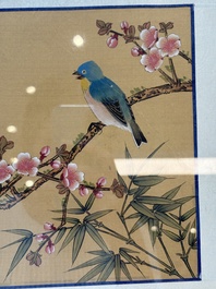 Seven Chinese school paintings: 'Flowers with birds and butterflies', ink and colour on silk, various signatures, 20th C.