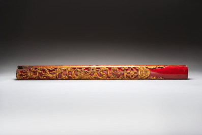 Six Chinese gilt-lacquered carved wooden panels with narrative design, 19th C.