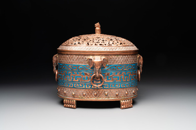 A Chinese archaistic enamelled copper 'elephant' censer with cover and a cloisonn&eacute; 'Luohan' censer with cover, 20th C.