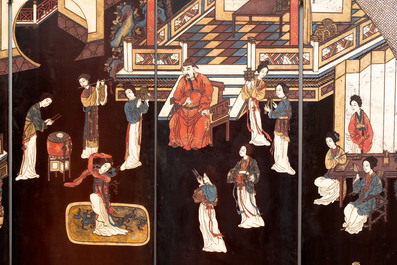 A Chinese coromandel lacquer four-panel folding screen with narrative and birds design, 20th C.
