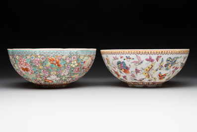 A Chinese grisaille coral red-ground vase, a famille rose eggshell vase and two bowls, Qianlong mark, 20th C.