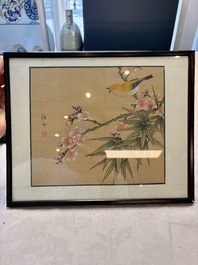 Seven Chinese school paintings: 'Flowers with birds and butterflies', ink and colour on silk, various signatures, 20th C.
