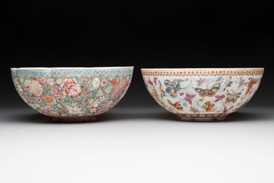 A Chinese grisaille coral red-ground vase, a famille rose eggshell vase and two bowls, Qianlong mark, 20th C.