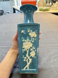 A Chinese robin's egg-glazed vase with relief floral design and a famille noire 'Four Heavenly Kings' vase, 19th C.