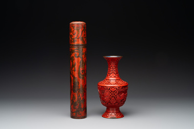 A Chinese cinnabar lacquer vase, a plate and a gilt-lacquered wooden container, 19/20th C.
