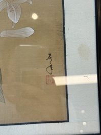 Seven Chinese school paintings: 'Flowers with birds and butterflies', ink and colour on silk, various signatures, 20th C.