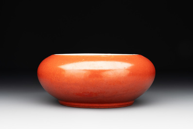 A Chinese coral-red-glazed blue, white and copper-red 'goldfish' brush washer, 20th C.