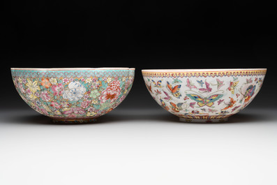A Chinese grisaille coral red-ground vase, a famille rose eggshell vase and two bowls, Qianlong mark, 20th C.